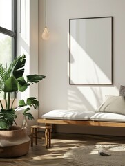 Frame mockup, modern home interior, wall poster frame, 3D render