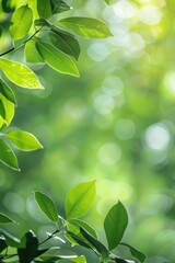Obraz premium Nature view with vibrant green leaves illuminated by sunlight against a blurred greenery backdrop, perfect for an ecology-themed cover design with plenty of copy space.