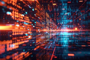 A modern digital design featuring computer code and artificial intelligence processes operating in the backdrop.