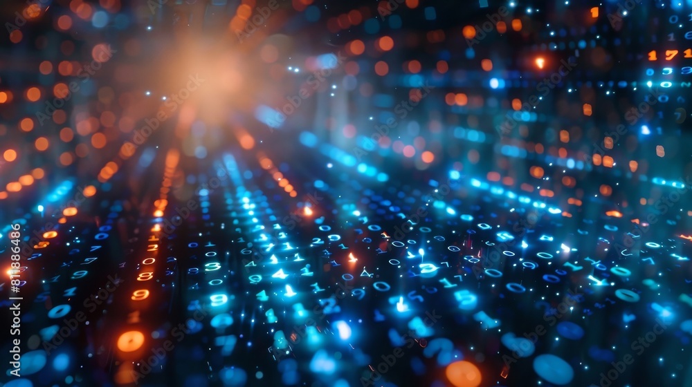 Poster futuristic binary-themed backdrop for tech conferences and virtual gatherings. zeroes cascading down