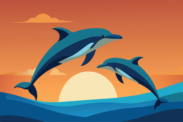 Obraz premium Dolphins jump over sea waves against a sunset backdrop