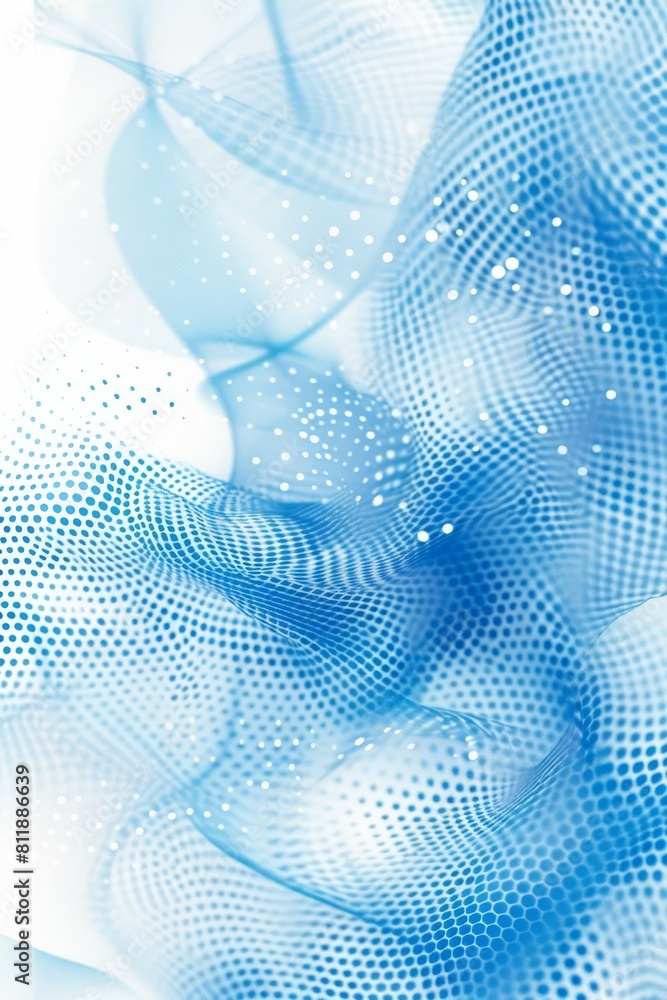 Poster a light blue-themed abstract design featuring halftone dots and fluid curved lines in the background
