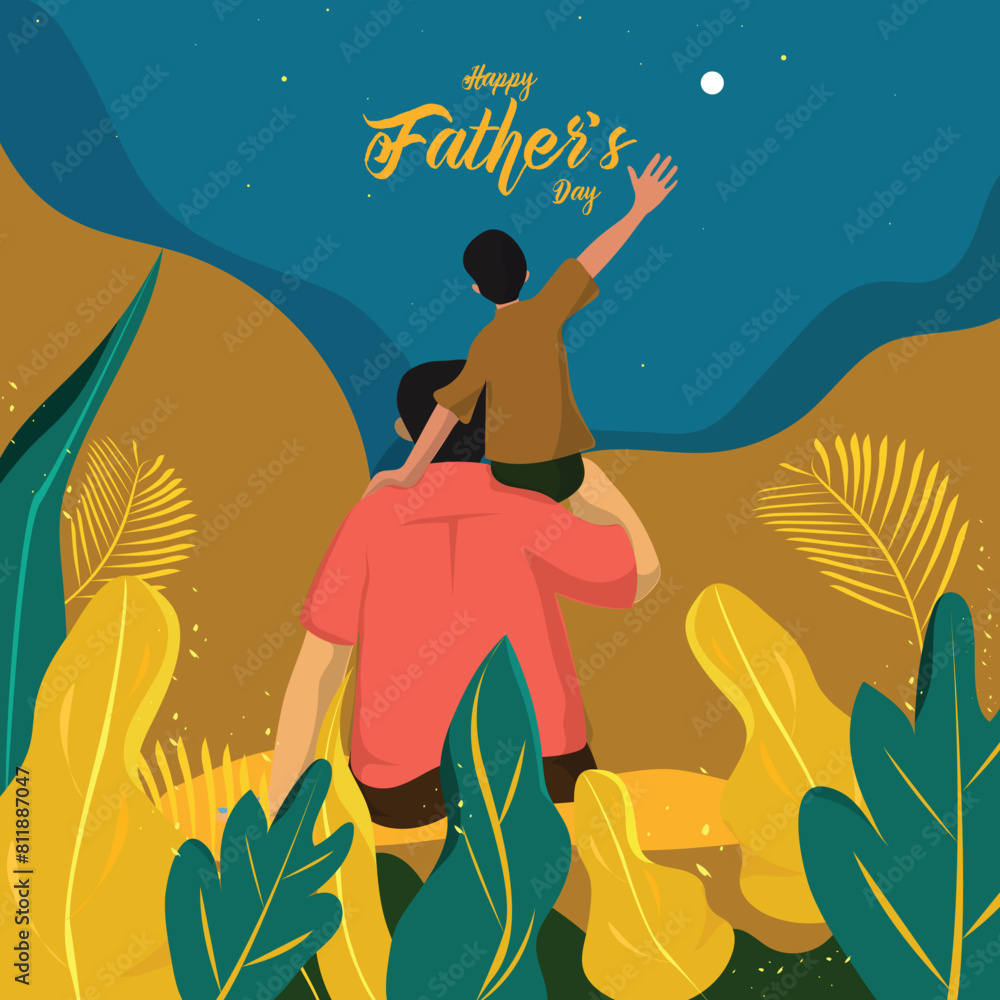 Sticker Son sitting on his father shoulders and looking night sky on nature background for Happy Father's Day celebration poster design.