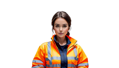 warehouse center hi copy female distribution working space portrait aring worker jacket vis background woman missy men at work yellow transport package empty job career growth confident success