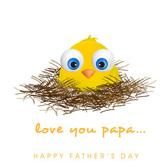 Happy Father's Day Greeting Card with Love You Papa Message and Cute Baby Chick at Nest on Png Background.