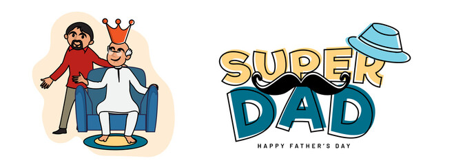Happy Father's Day Banner or Header Design with Young Son Presenting Award to his Father for Super Dad.