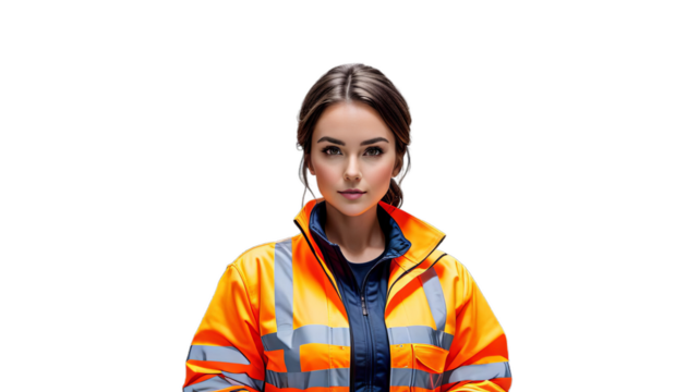 warehouse center hi copy female distribution working space portrait aring worker jacket vis background woman missy men at work yellow transport package empty job career growth confident success - Powered by Adobe