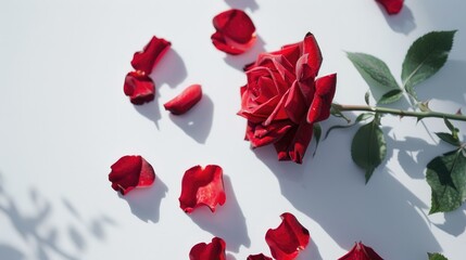 A red rose and its delicate petals set against a pure white backdrop