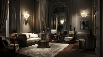 Showcase the timeless elegance of a luxury city apartment with refined grey walls, inviting viewers...