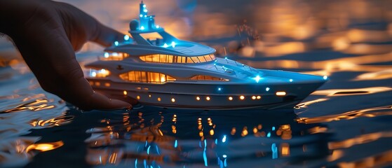 A close shot of a hand holding a mini yacht model a night view with a blurry blue water backdrop...