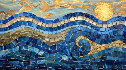 An artistic representation of azure and gold waves in the ocean, inspired by the natural landscape...