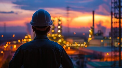 An engineer wearing a hard hat is standing on a platform and looking at an oil refinery at dusk.