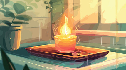 Burning candle on tray in bathroom closeup Vectot sty