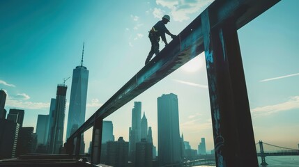 A construction worker balancing on a steel beam high above the city skyline.