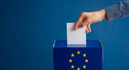 European vote - Arm holding a ballot voting paper centered within the EU flag's in the background, symbolizing active participation in EU elections
