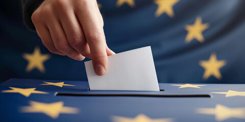 European vote - Arm holding a ballot voting paper centered within the EU flag's in the background, symbolizing active participation in EU elections