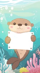Adorable Otter Holding Blank Whiteboard in Underwater Coral Scene