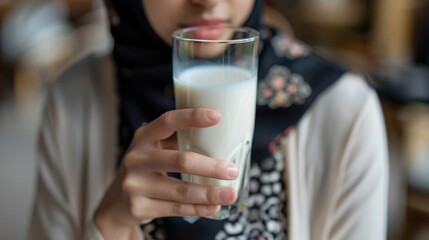 An Asian woman wearing a hijab gracefully cradles a glass of milk setting the stage for World Milk Day