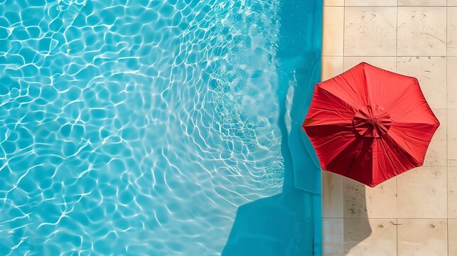 Red umbrella by swimming pool on sunny day