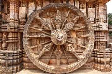 Big stone wheel of the Sun temple in Konark, Odisha, India, Asia