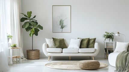 Fresh White Living Room with Green Plant Accents, Ideal for Modern Home Decor Magazines