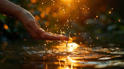 hand holding handful of water sun's warm light behind it, concept of spiritual hygiene
