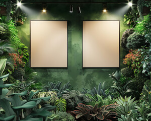 Boutique plant nursery with two blank posters in earthy black frames illuminated by spotlights on a forest green wall ideal for advertising rare plants or gardening tips