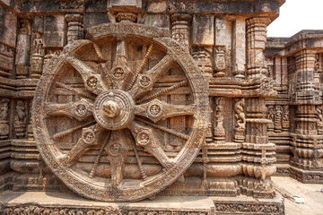 Big stone wheel of the Sun temple in Konark, Odisha, India, Asia