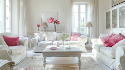 Bright White Living Room with Bold Red Accents for Contemporary Home Design Inspiration