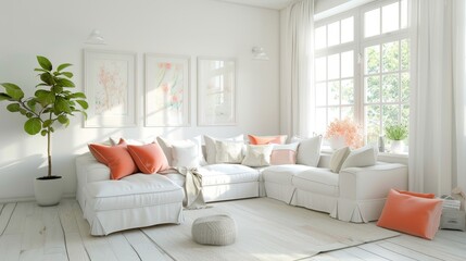Naklejka premium Bright White Living Room with Soft Pink and Orange Accents for a Vibrant Home Atmosphere