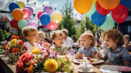 Fototapeta na wymiar A group of children are sitting at a table outside, eating food and talking. There are balloons and flowers on the table. The children are all smiling and laughing. AIG51A.
