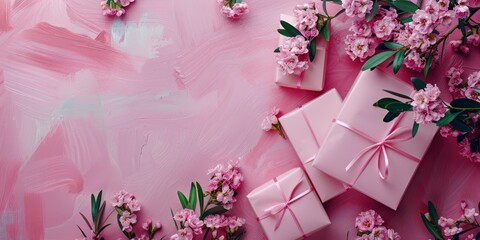 Pink gift boxes surrounded by vibrant cherry blossoms on a textured pink background. Top view with space for text. Spring and celebration concept for design and print.