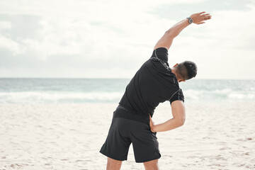 Beach, back or man stretching with fitness for body flexibility, health or wellness in running...