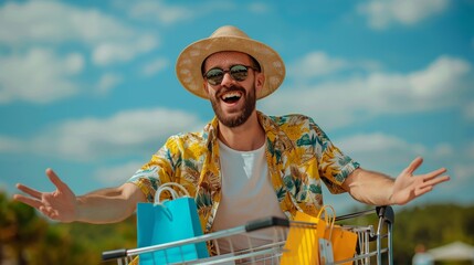 A man with shopping cart in summer sale. Generative AI