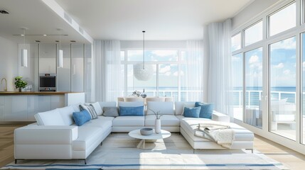 Fototapeta premium Serene Blue Living Room with Modern Furnishings for a Calm and Stylish Home Atmosphere