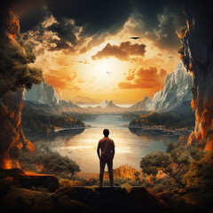 Wondrous image of spaceman travel through stargate with scifi landscape