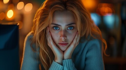 A young woman looks thoughtfully at the screen with her hands folded