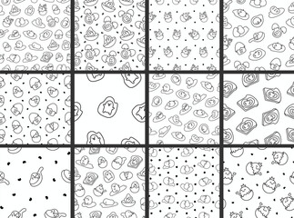 Kawaii yolk with funny face. Seamless pattern. Coloring Page. Cartoon egg character for breakfast. Hand drawn style. Vector drawing. Collection of design ornaments.