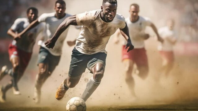 A mixed soccer team of men and women players in action, running across the field
