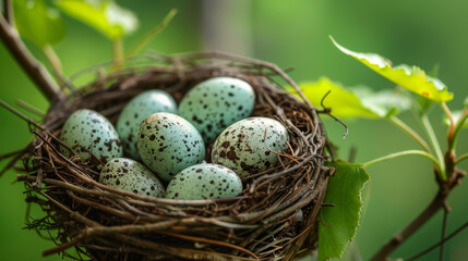 Obraz premium A bird's nest cradled in a tree branch filled with delicate blue speckled eggs, surrounded by green leaves.