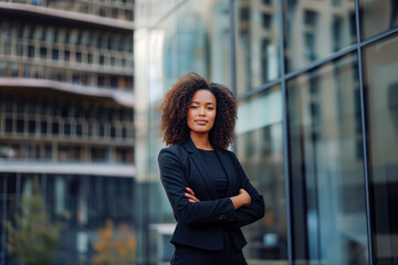 A woman in a black suit stands in front of a building with her arms crossed - obrazy, fototapety, plakaty
