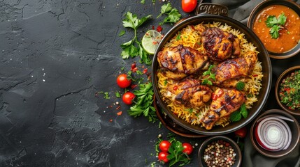 Top view of Chicken Mandy: Arab cuisine's national dish, chicken kabsa with rice mandi.