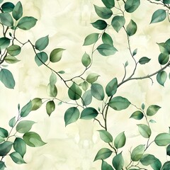 Elegant Watercolor Seamless Pattern of Lush Leaves and Vines in Saturated Greens on Light Beige Background - obrazy, fototapety, plakaty