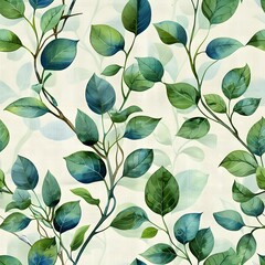 Elegant Watercolor Seamless Patterns of Green Leaves and Vines on a Light Beige Background - obrazy, fototapety, plakaty