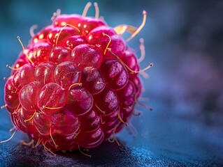 A close up of a raspberry on a dark surface. - obrazy, fototapety, plakaty