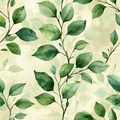 Elegant Watercolor Seamless Pattern of Green Leaves and Vines on Light Beige Background - obrazy, fototapety, plakaty