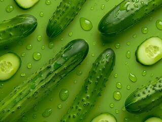 A green background with cucumbers and water droplets. - obrazy, fototapety, plakaty