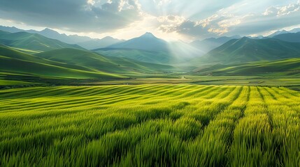 A green field with mountains in the background. - obrazy, fototapety, plakaty