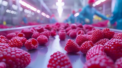 Raspberries on a conveyor belt in a factory. - obrazy, fototapety, plakaty