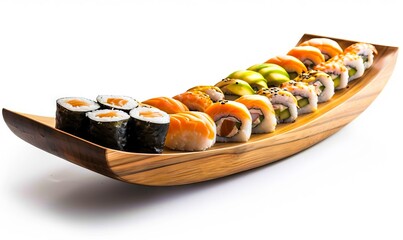 A wooden boat with sushi on it. - obrazy, fototapety, plakaty